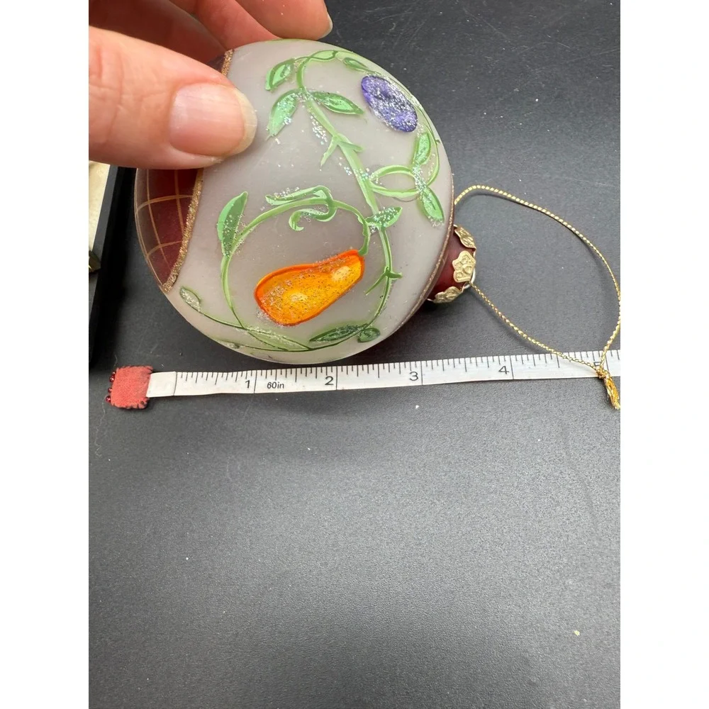 Hand Painted Glass Ornament Fruit Motif‎ Round Frosted with Gilded Red Top